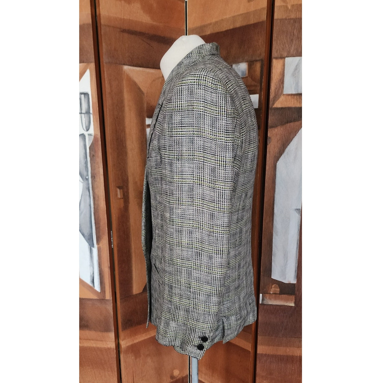 Vintage 80s Gucci Mens Blazer Gray Plaid Linen Double Breasted Sz 48