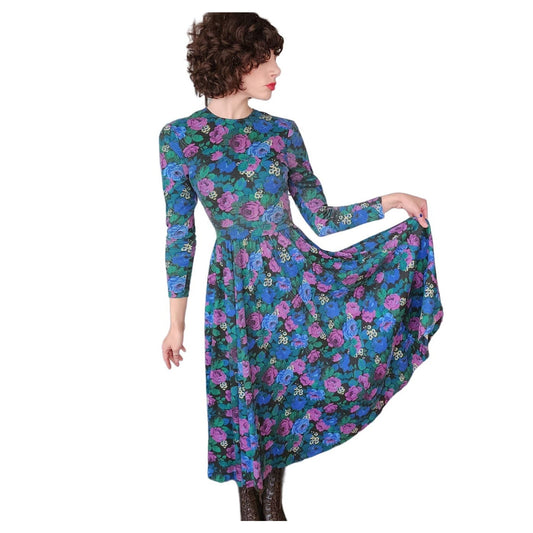 Vintage 80s Floral Print Dress Drop Waist Long Sleeves Express