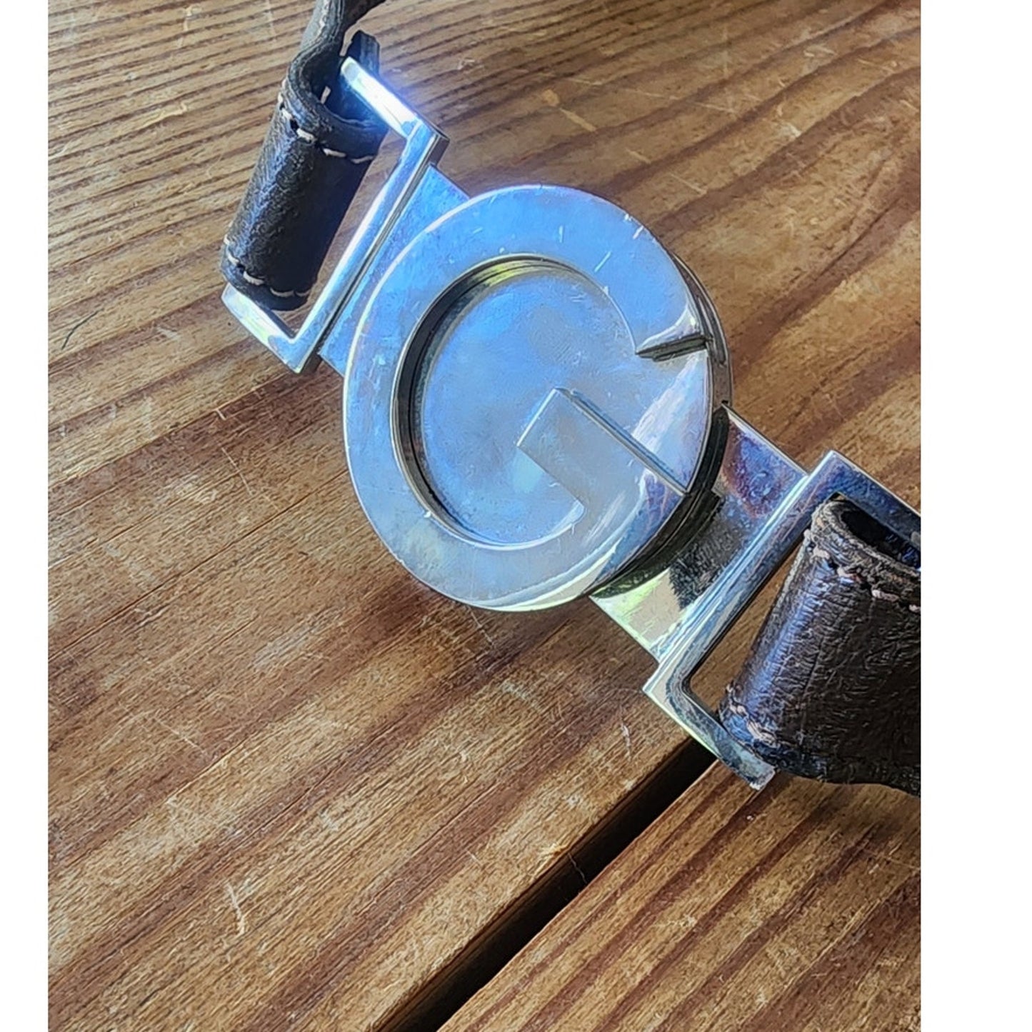 Vintage Gucci Y2K Belt GG Logo Chrome Buckle Tom Ford 2000s Era Brown Leather S