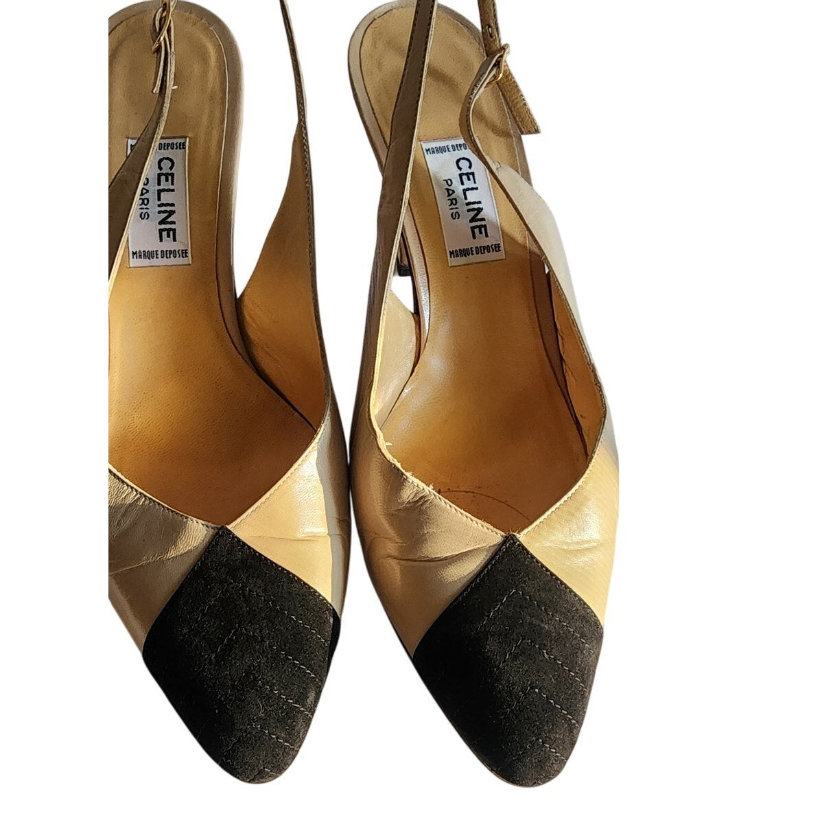 Vintage 1990s CELINE Paris Slingback Shoes Two Toned Black Cream Kitten Heel 7.5