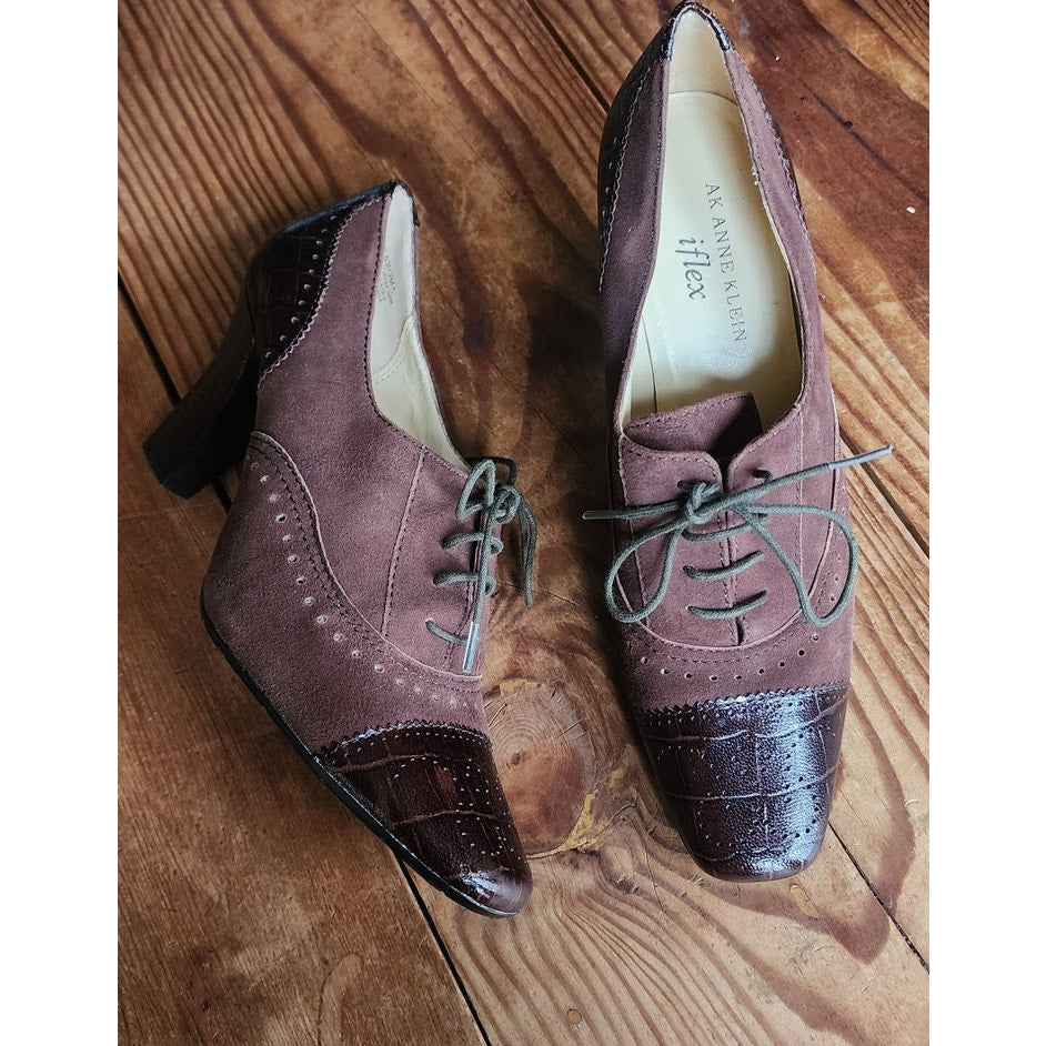 Vintage 1930s Style Brown Suede Shoes Lace Up Oxford Heels Anne Klein 6.5