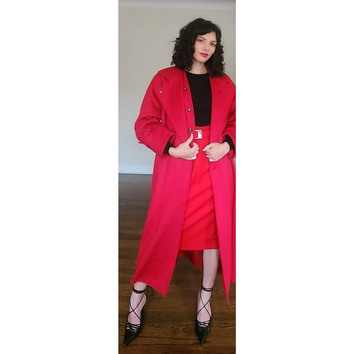 Vintage 80s Red Wool Coat Long w/Belt Ramosport Paris
