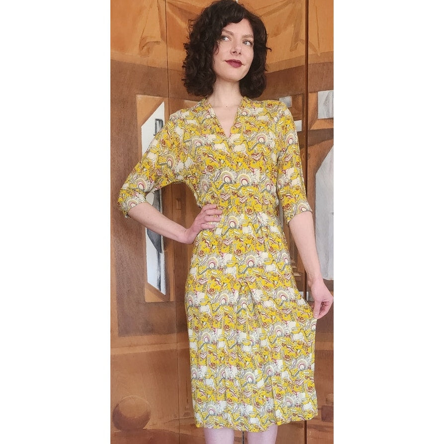 Vintage 40s Yellow Rayon Novelty Print Midi Dress XS