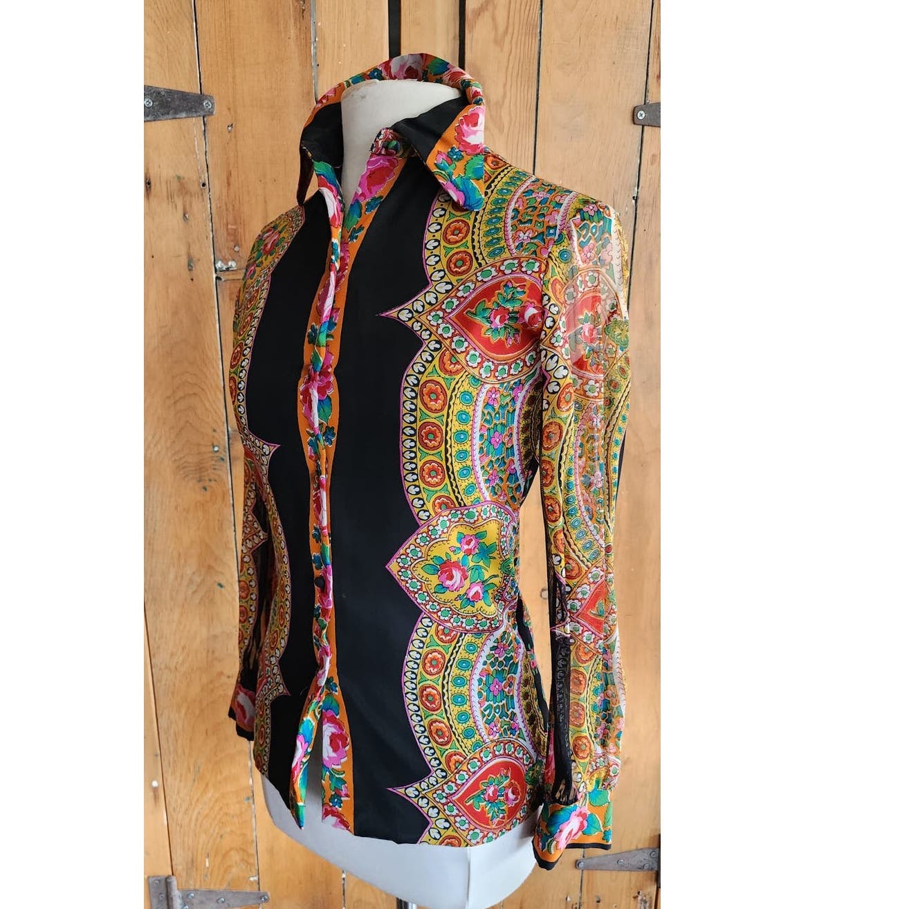 Vintage 70s Psychedelic Blouse Black Gold Button Down Baroque Print