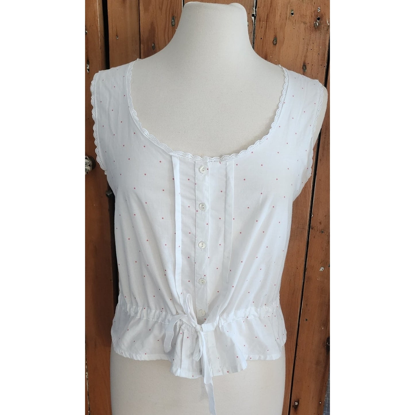 Vintage 80s Laura Ashley White Cotton Eyelet Sleeveless Top Red Micro Polka Dot