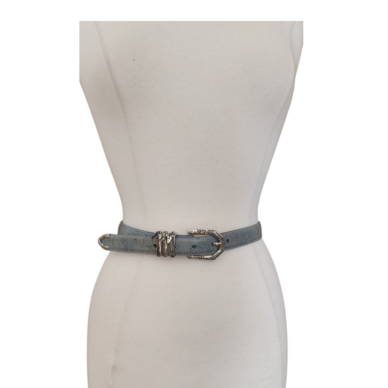 Vintage 1990s Brighton Belt Baby Blue Tooled Leather Silver Charms Waist 28