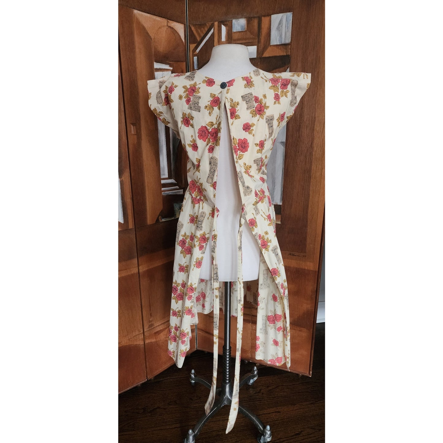 Vintage 50s Swirl Wrap Dress Cotton Rose Classical Columns Print Apron Housewife Full Skirt Pockets
