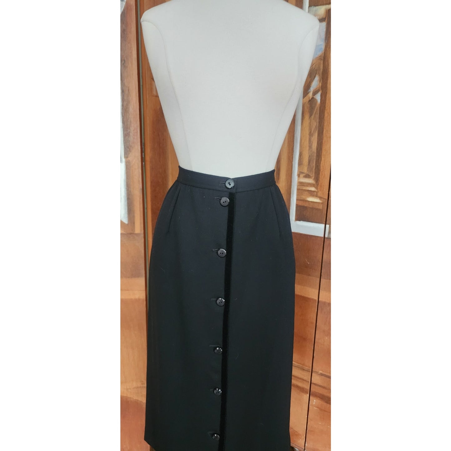 Vintage 1980s VALENTINO Pencil Skirt Black Wool Button Down Midi Medium