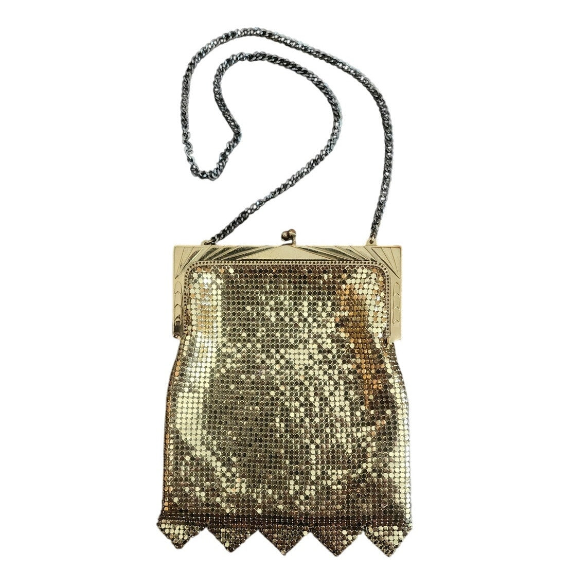 Vintage 50s Whiting & Davis Gold Mesh Bag Dressy Evening Purse Scallop Hem Art Deco Frame