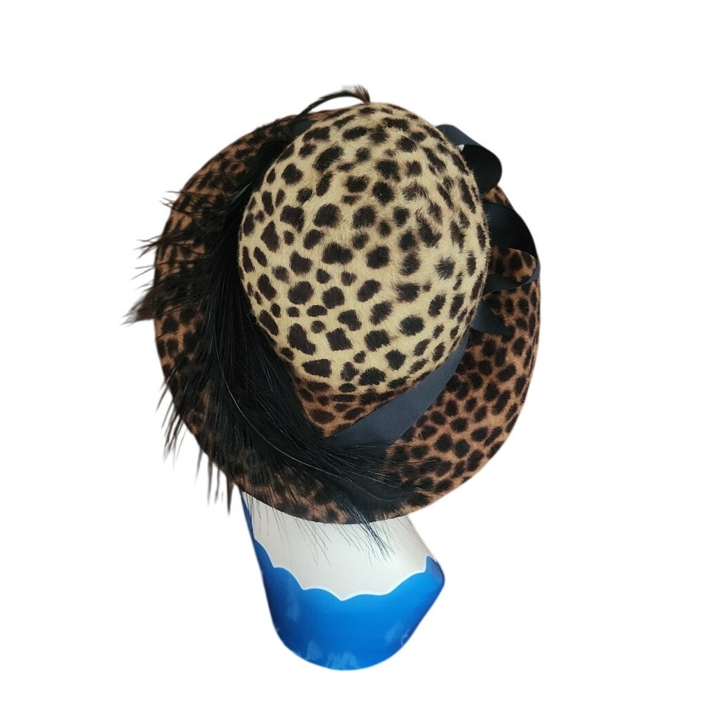 Vintage Y2K Carluci Millinery Animal Print Hat Wide Brimmed w/Bow & Feathers