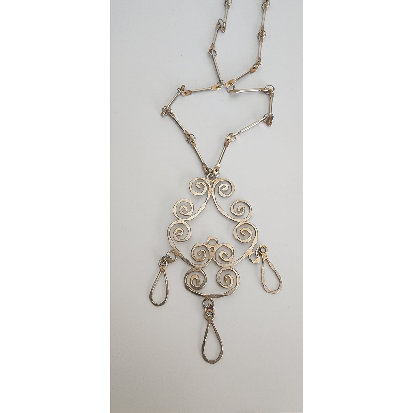 Vintage 60s Boho Pendant Necklace Spiral Scrolls Baroque Statement Jewelry Maximalist