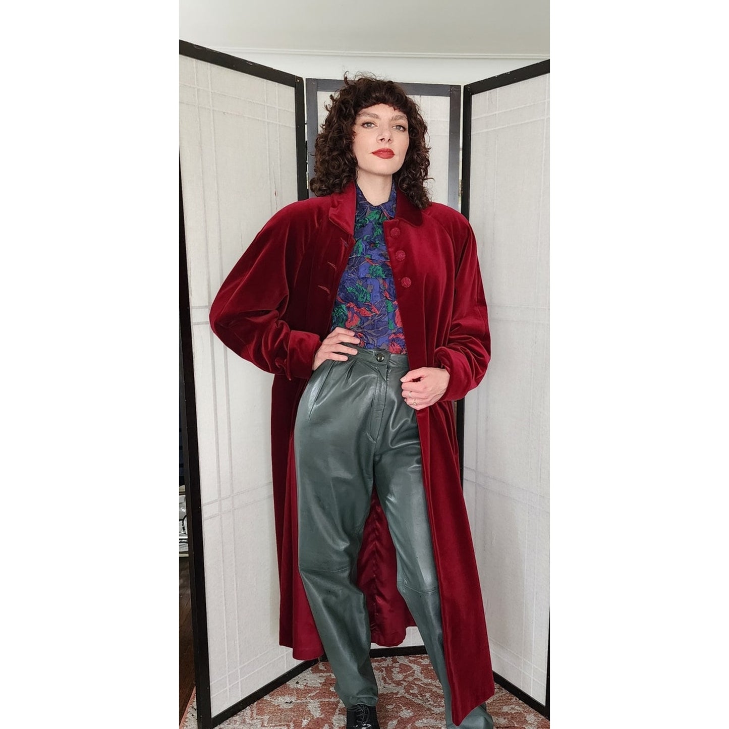 Vintage 80s Red Velvet Coat Raglan Sleeves, Belted