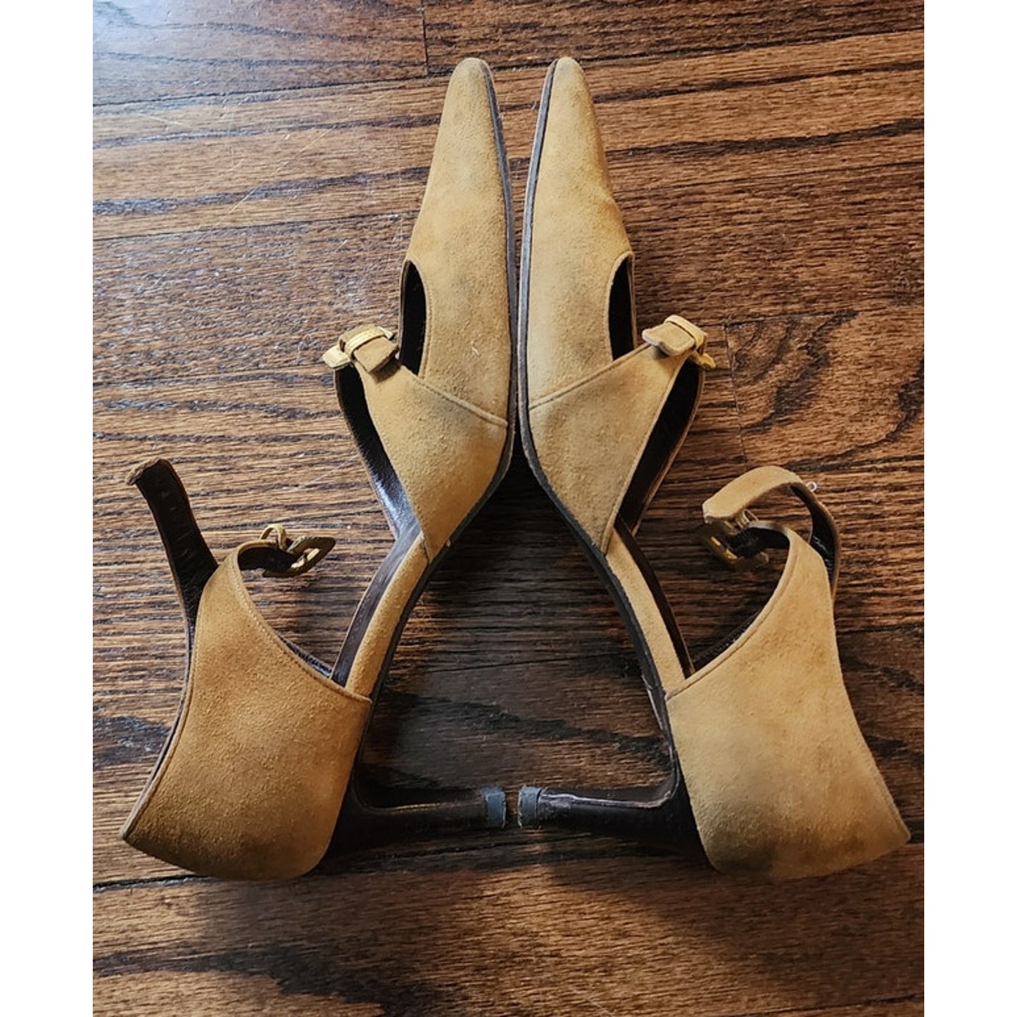Vintage Bottega Veneta Shoes Mustard Yellow Suede Heels Dual Strap Buckle D'Orsay Pumps / 7.5