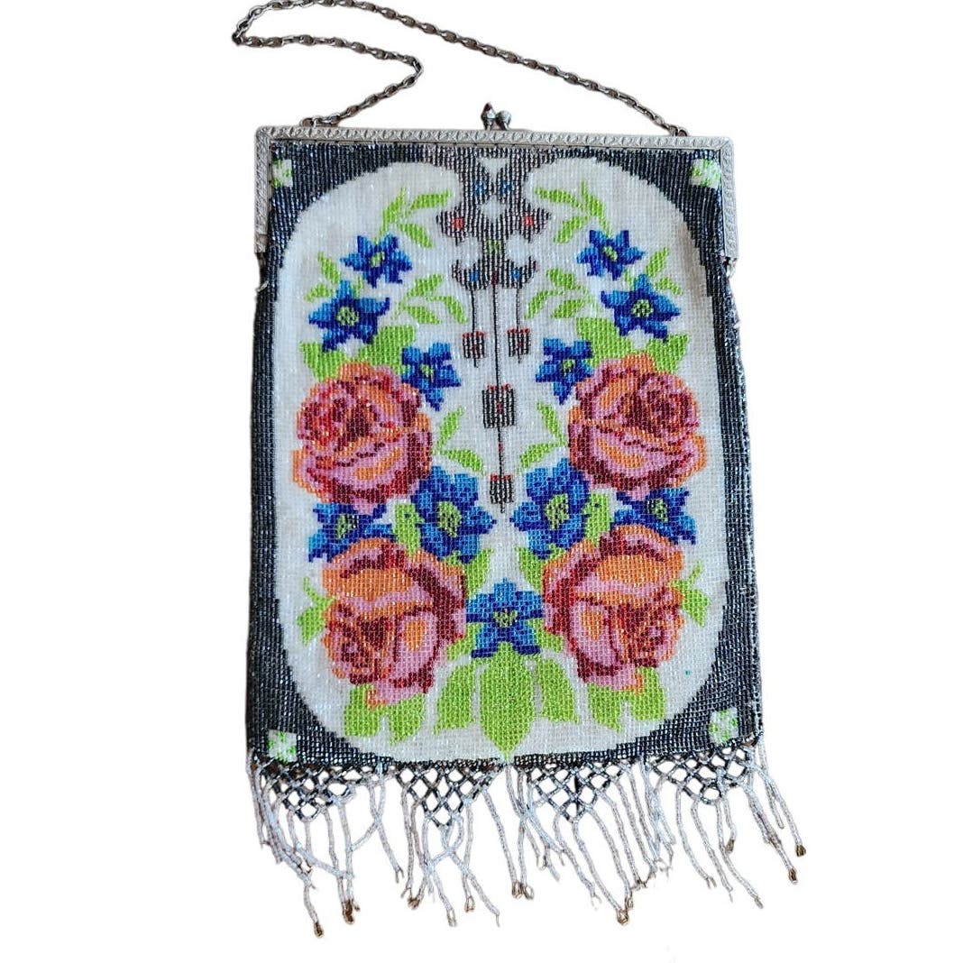 Antique Glass Bead Bag Edwardian Purse Floral Rose Pattern