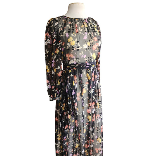 Vintage 70s Silkprint Dress Dark Florals Belted