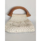 Vintage 70s Macrame Hand Bag Cream White Crochet Purse Wood Handle
