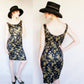Vintage 1960s Cocktail Dress Black Gold Floral Beaded Brocade Sleeveless Wiggle Party Dress Ornate S