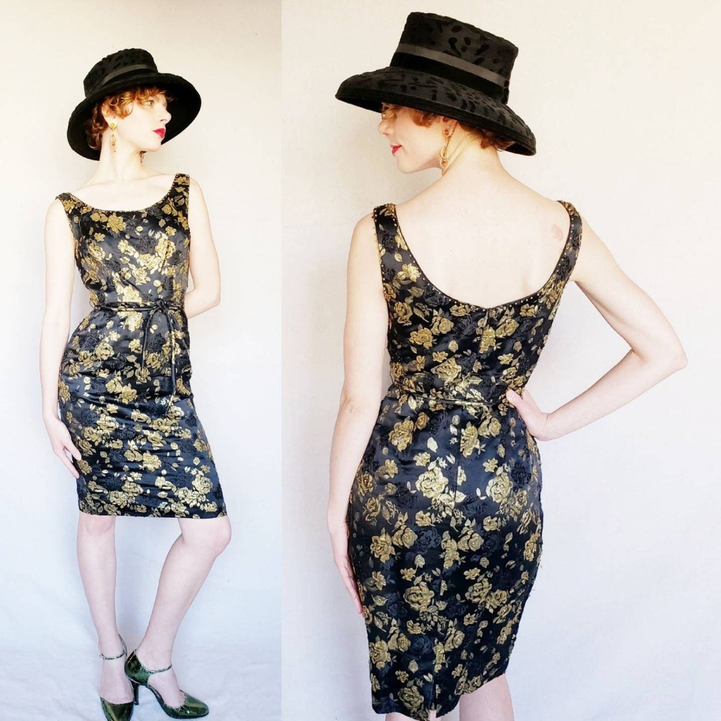 Vintage 1960s Cocktail Dress Black Gold Floral Beaded Brocade Sleeveless Wiggle Party Dress Ornate S