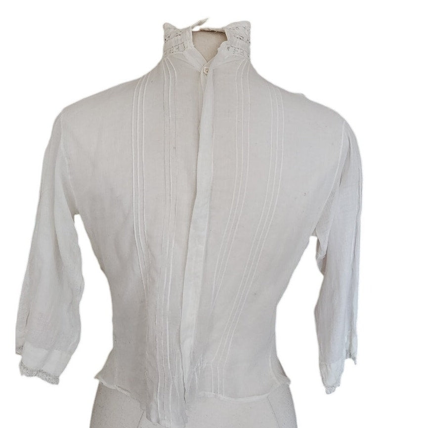Antique Edwardian Blouse Embroidered White Cotton Lace High Neckline