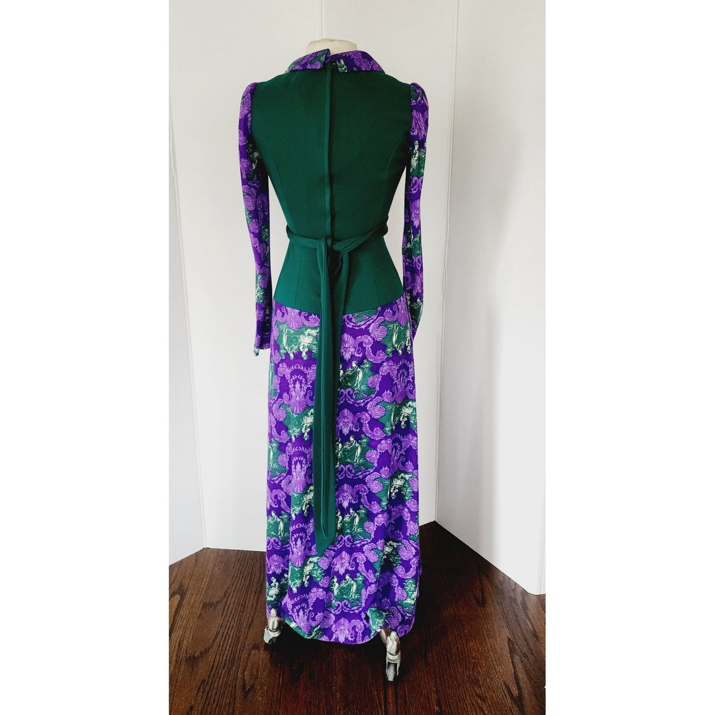 Vintage 70s Maxi Dress Purple French Toile Print & Hunter Green Jody California