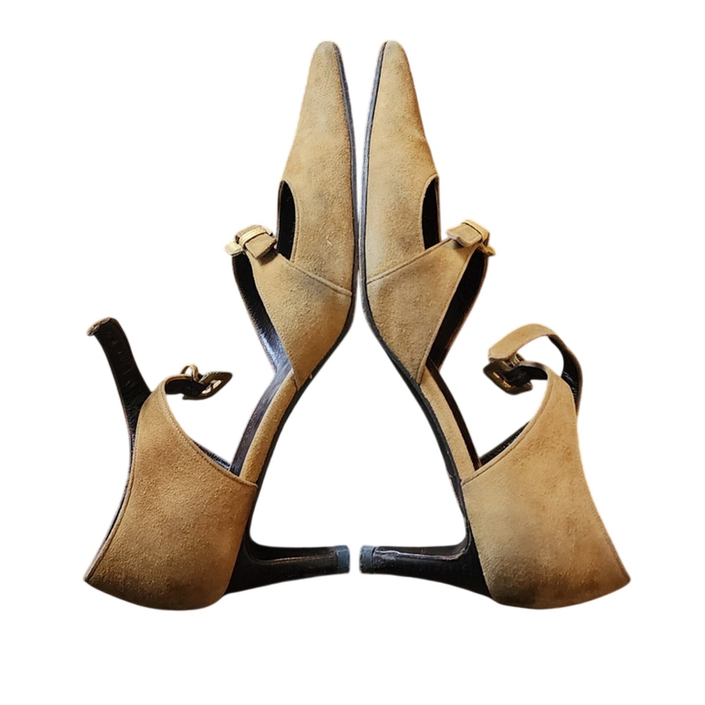 Vintage Bottega Veneta Shoes Mustard Yellow Suede Heels Dual Strap Buckle D'Orsay Pumps 7.5