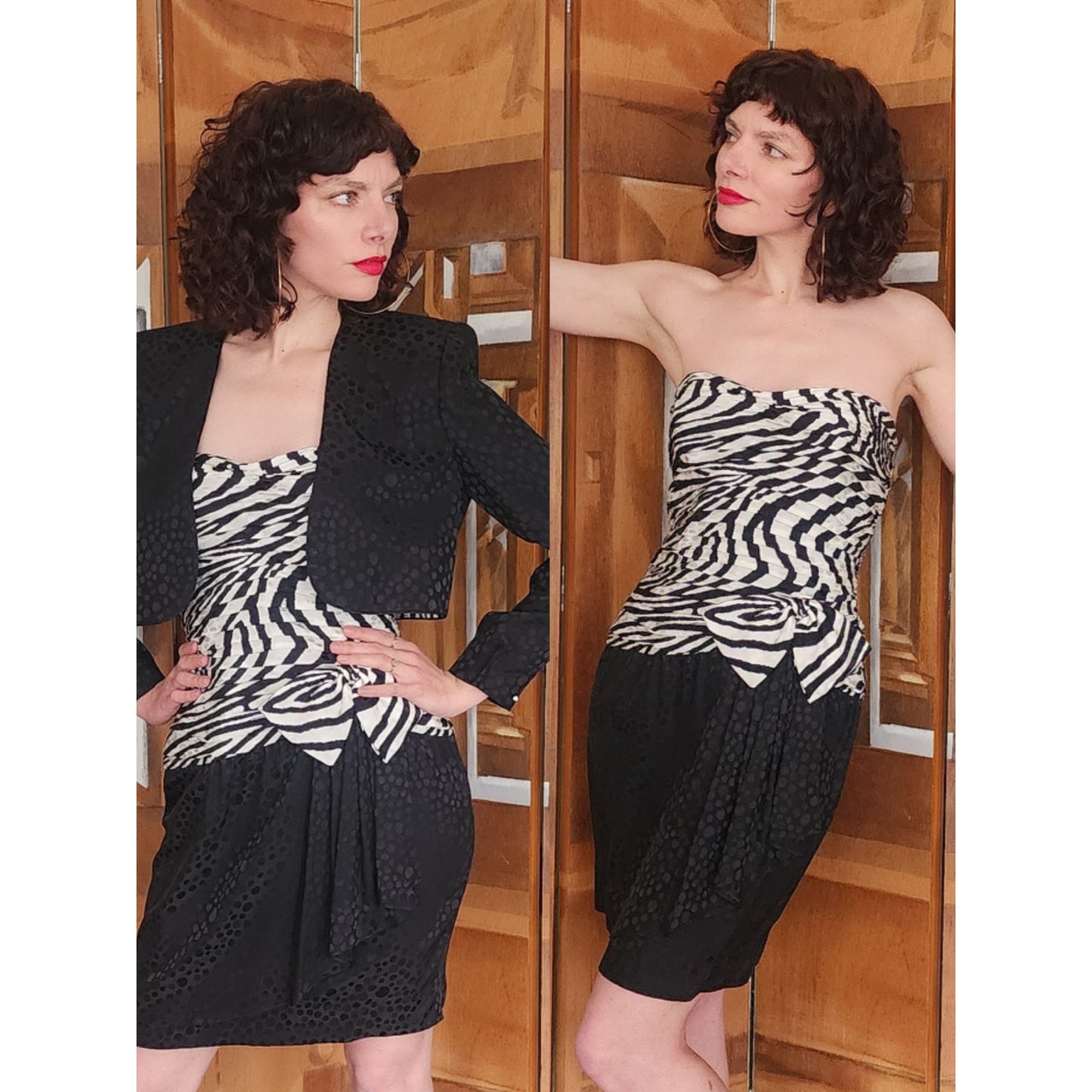 Vintage 1980s AJ Bari Strapless Dress Bolero Jacket Suit Set Zebra Print Black White Silk / M