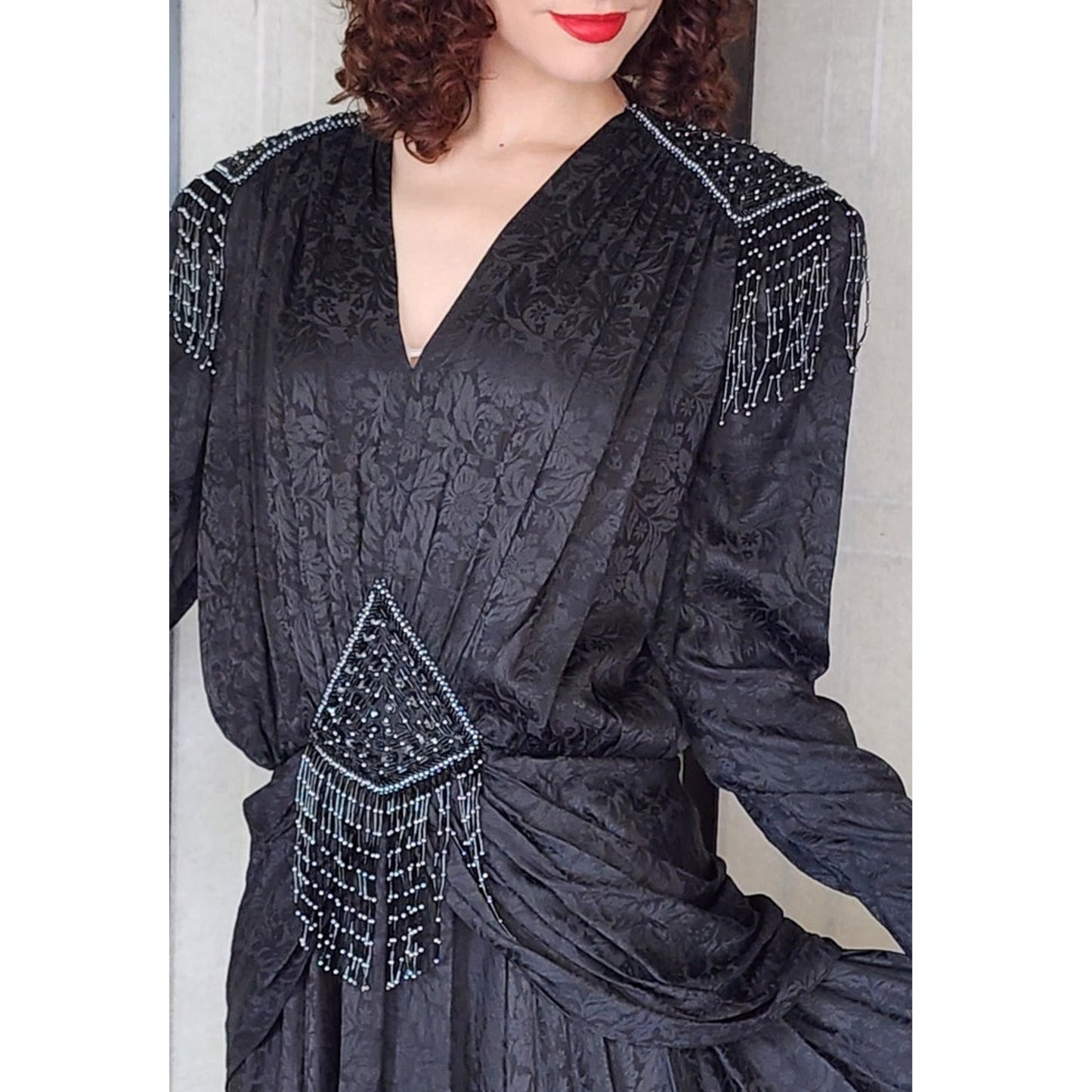 Vintage 80s Evening Dress Black Beaded Silk Fringed D'Ore Art Deco Style