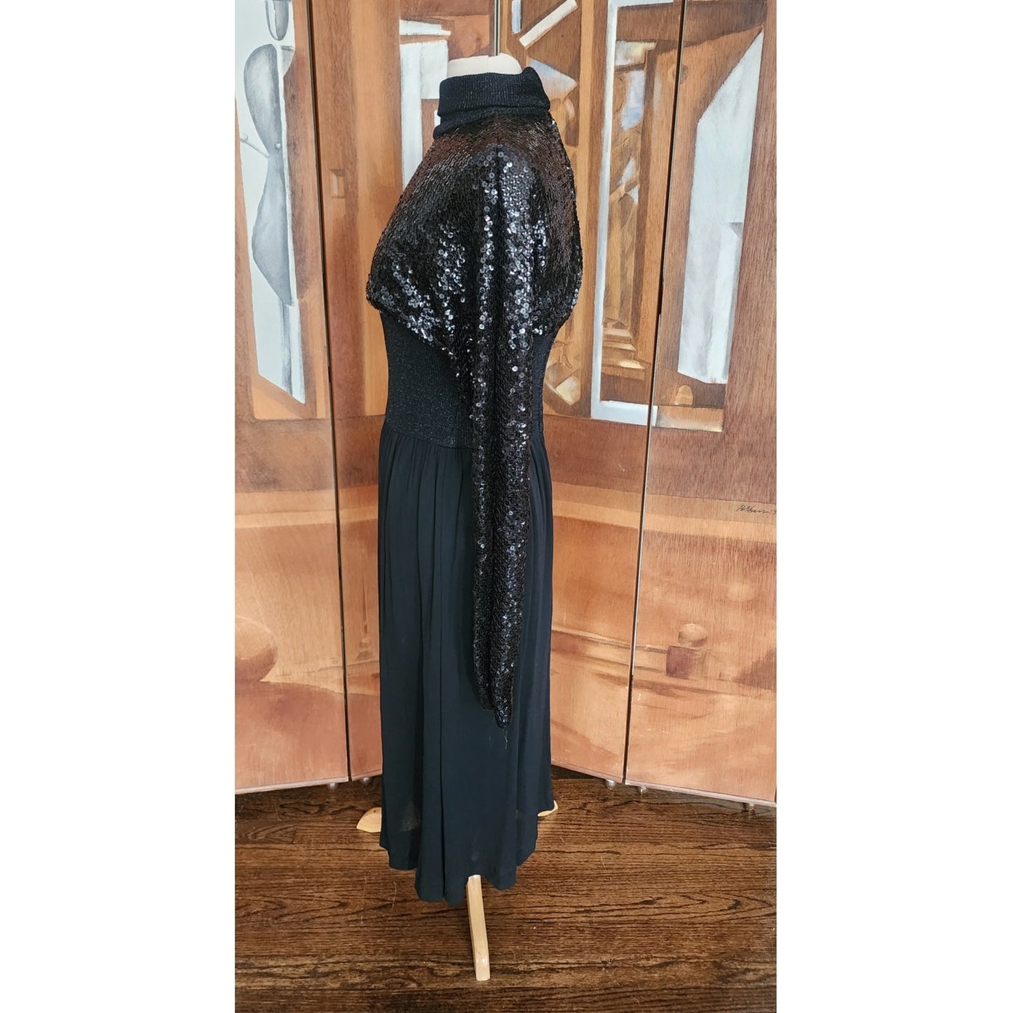 Vintage 1970s Black Maxi Dress Silk Knit Sequined Lurex Pat Sandler Dress Long Sleeve S