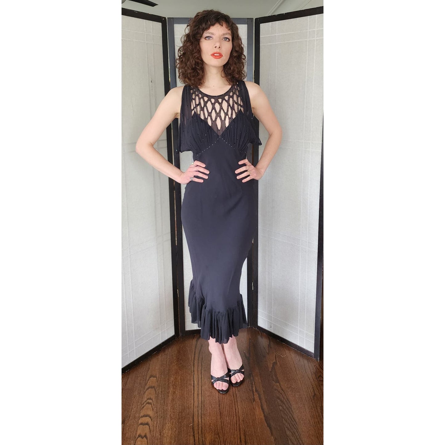 Vintage 30s Style Evening Dress Black Silk Chiffon Rhinestones Malandrino