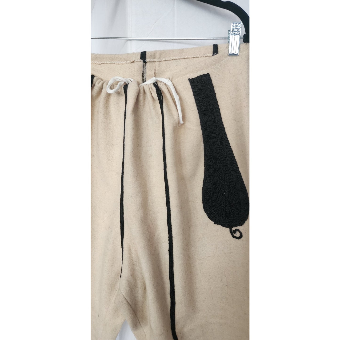 Antique Bulgarian Folk Costume Ethnic Mens Pants Embroidered Cream Wool + Red Scarf