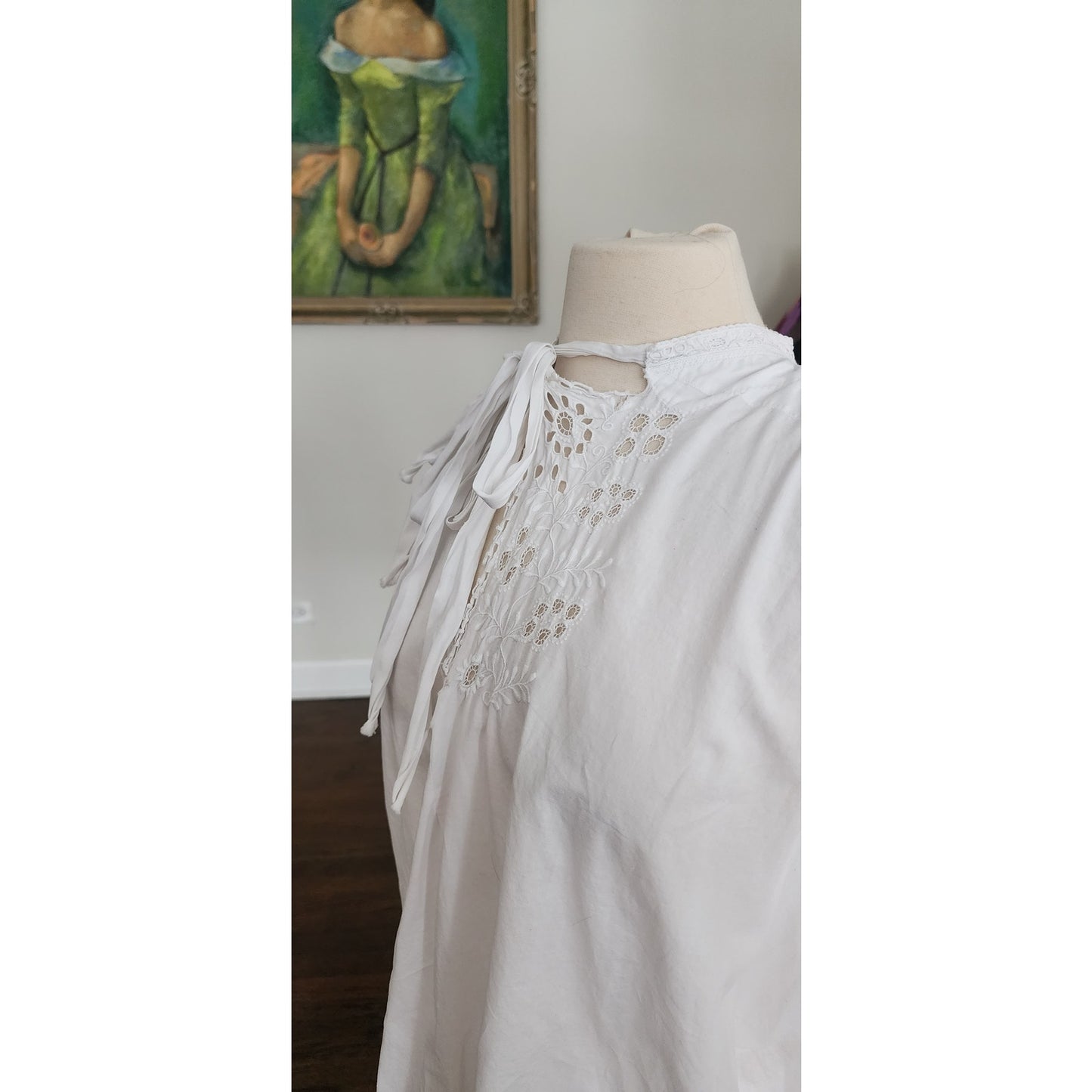 Antique Edwardian Poet's Blouse White Cotton Tunic Shirt w/ Embroidered Crochet Lace Sash Tie