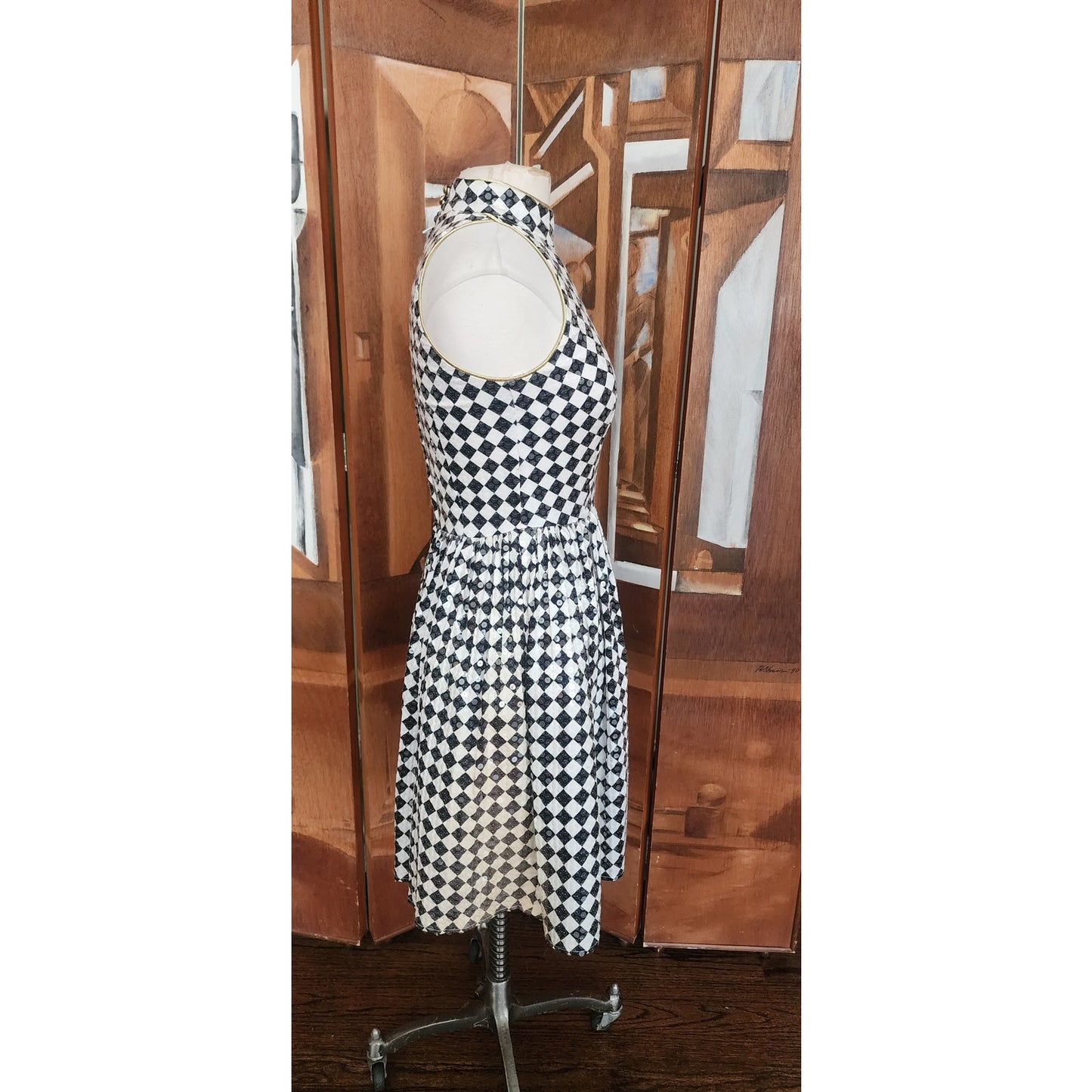 Vintage 80s Morton Myles Dress Mod Black White Checkerboard Print Sleeveless Shift Shiny Clear Sequins