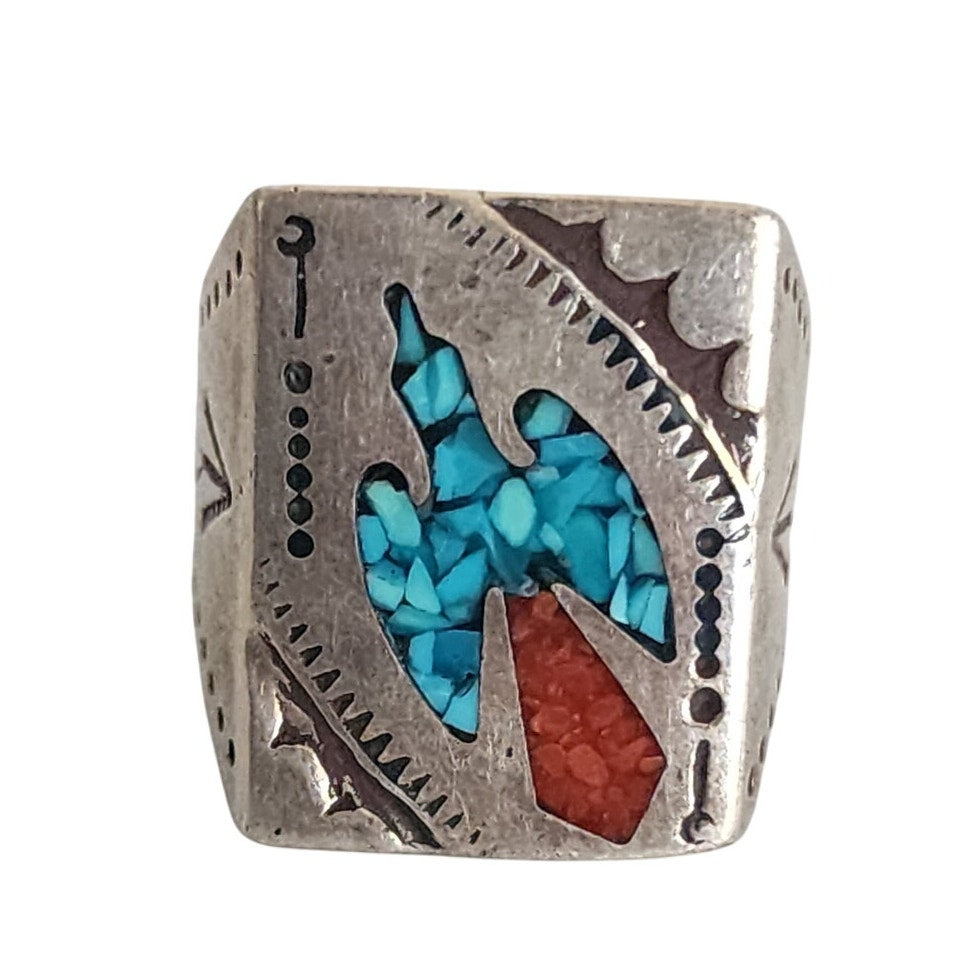 Vintage Mens Ring Native American Sterling Silver Thunderbird Turquoise Coral Chip Mosaic Navajo Inlay