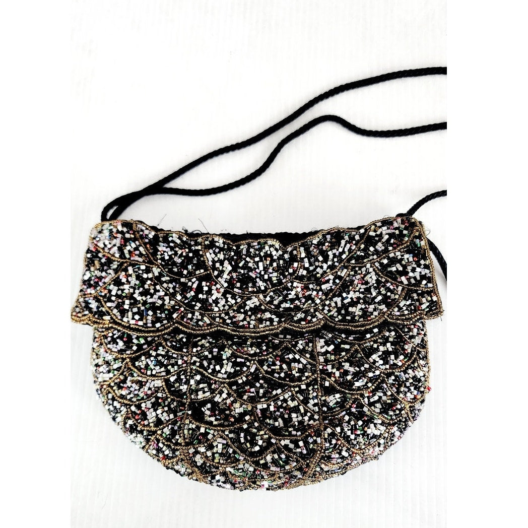 Vintaged Beaded Evening Blac Black Silk Drawstring Crossbody Purse