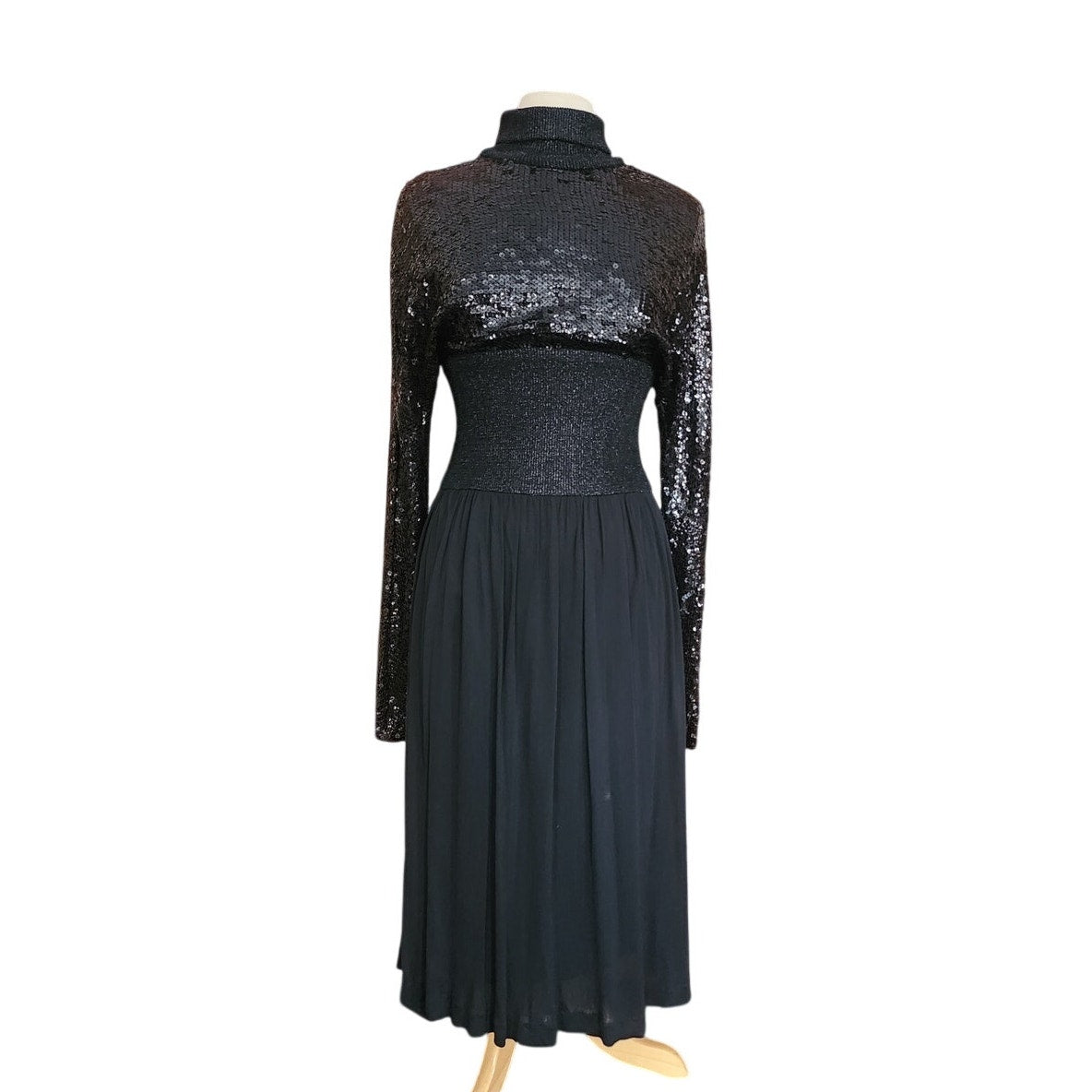 Vintage 70s Pat Sandler Dress Black Sequins, Lurex, Silk Dressy Evening Long Sleeved
