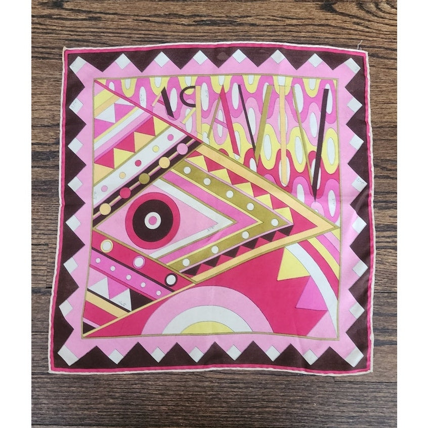 Vintage 60s Pucci Silk Scarf VIVARA Print Pocket Square Pink Brown