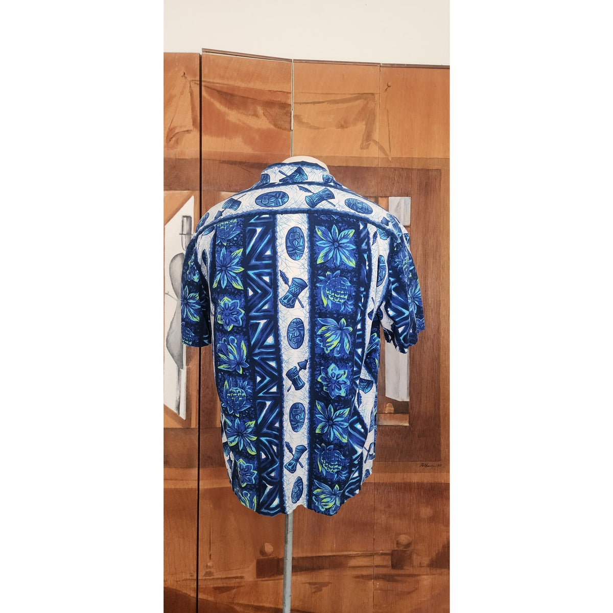 Vintage 1960s Ui-Maikai Men's Blue Hawaiian Tiki Shirt Cotton Short Sleeve