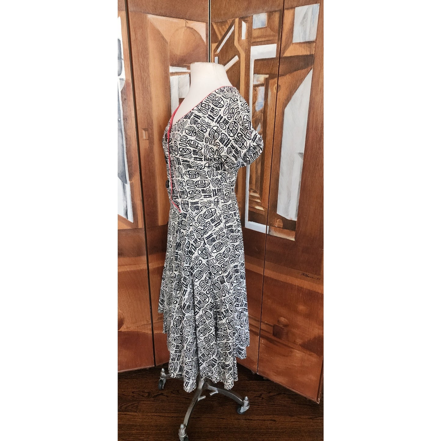 Vintage 50s Cotton Print Day Dress Black White MCM Tiki Pattern Rockabilly Short Sleeved / M