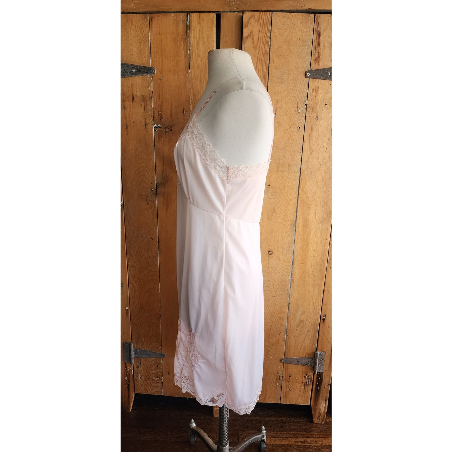 60s Pink Nylon Slip Dress w/Lace Knee Length Medium