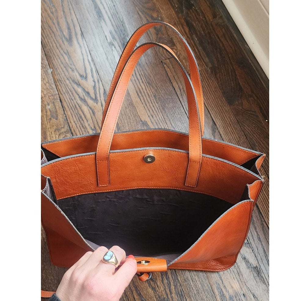 Vintage Alberto Bellucci Italian Leather Tote Messenger Tote Bag Brown Tan