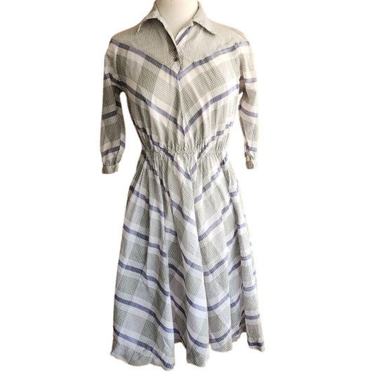 50s Day Dress Gray Plaid Print / Medium