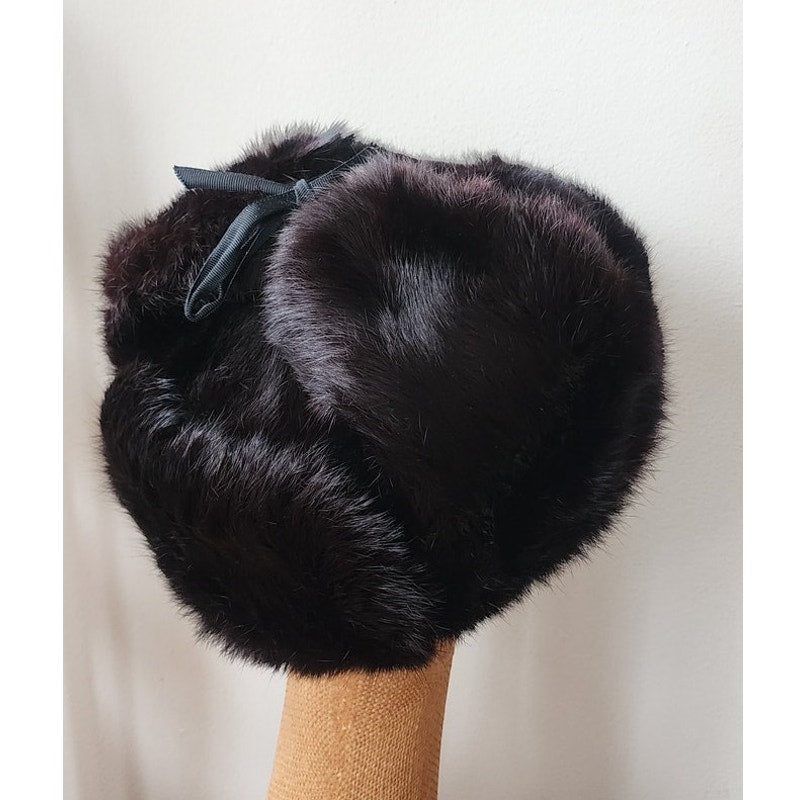 Vintage Black Fur Trapper Hat North King Ushanka Rabbit + Suede Ear Flaps Unisex