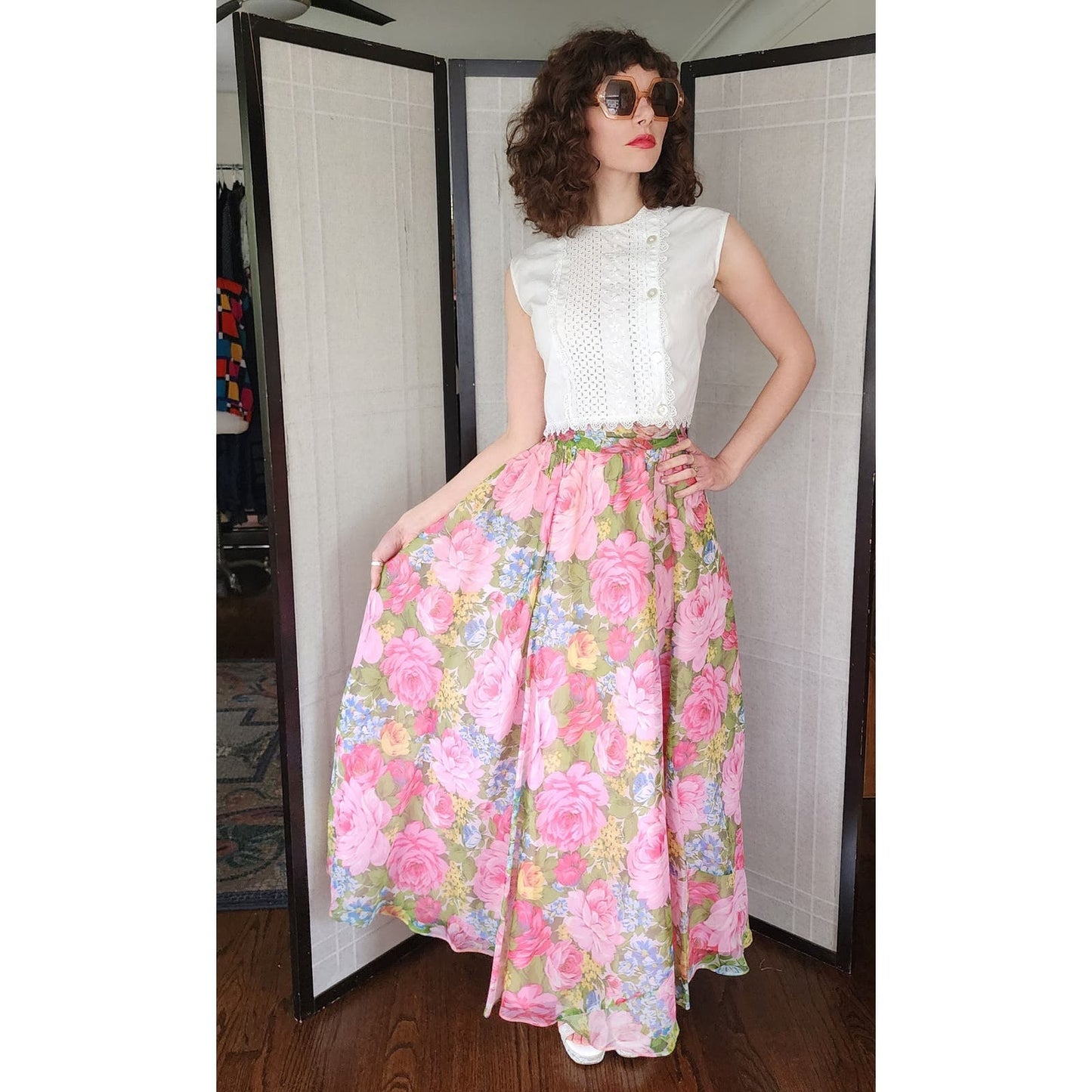 Vintage 50s White Cotton Blouse Eyelet Lace Cropped