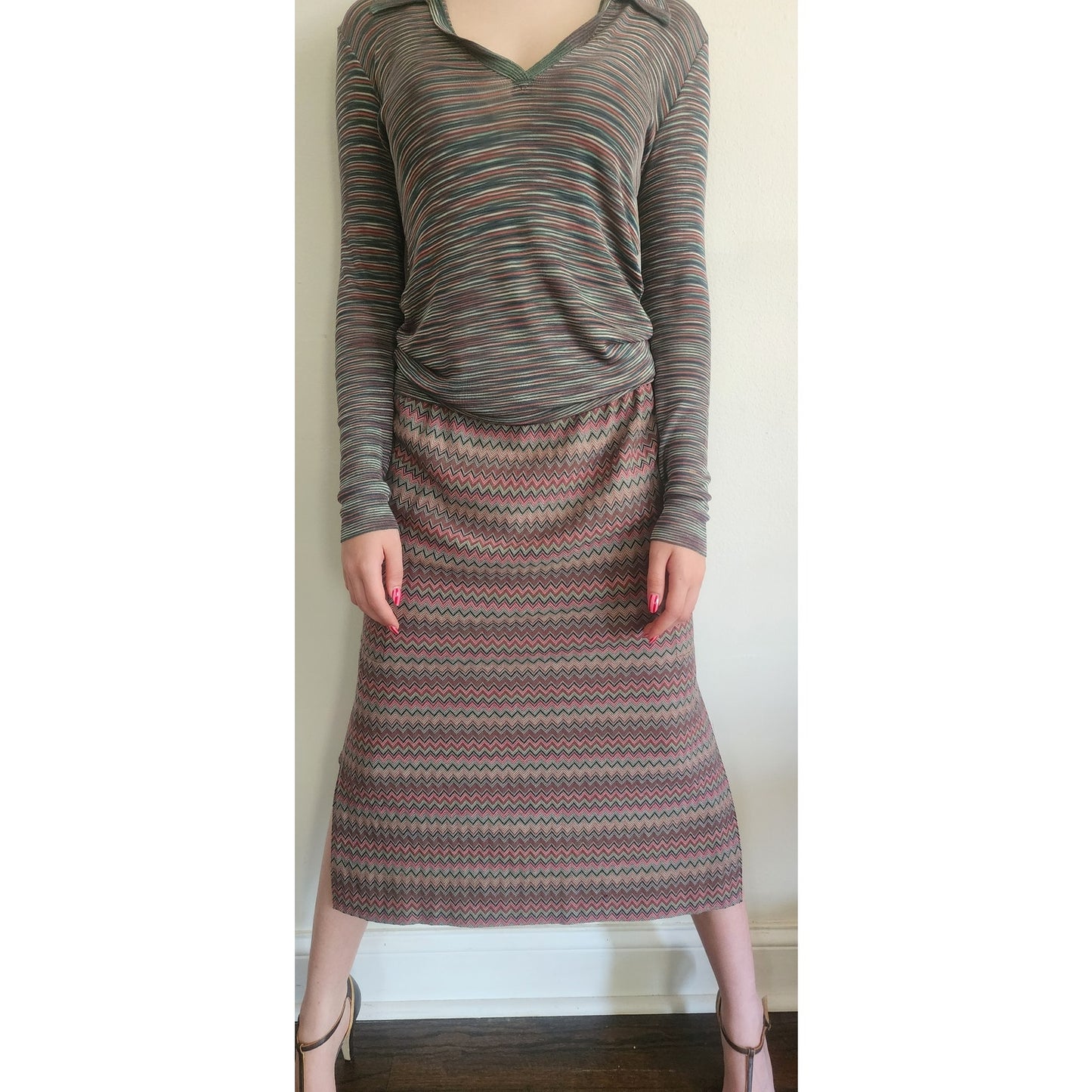 Vintage 1970s Missoni Knit 2 Piece Tunic + Skirt Set Striped Zigzag Suit I Magnin / Medium