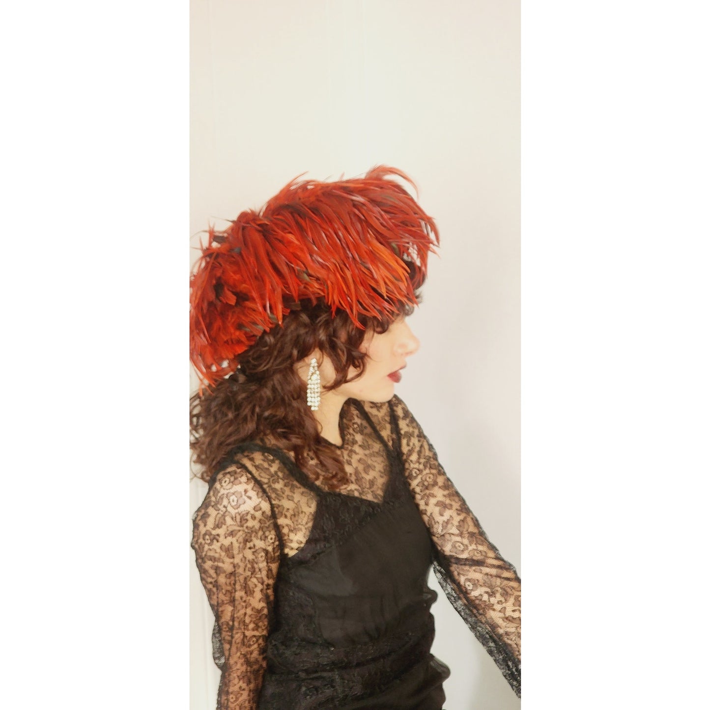 80s Does 60s Red Feather Hat Kokin Oversized Avant Garde