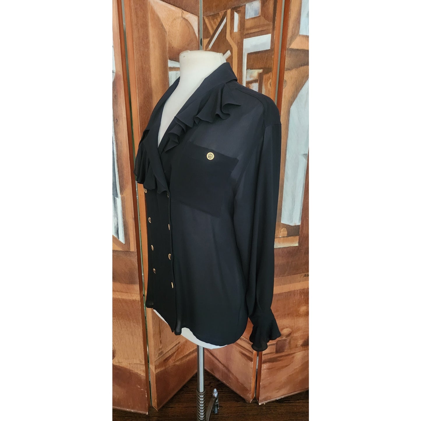 Vintage 80s Karl Lagerfeld Blouse Black Silk Ruffled Front Poet Shirt Semi-Sheer