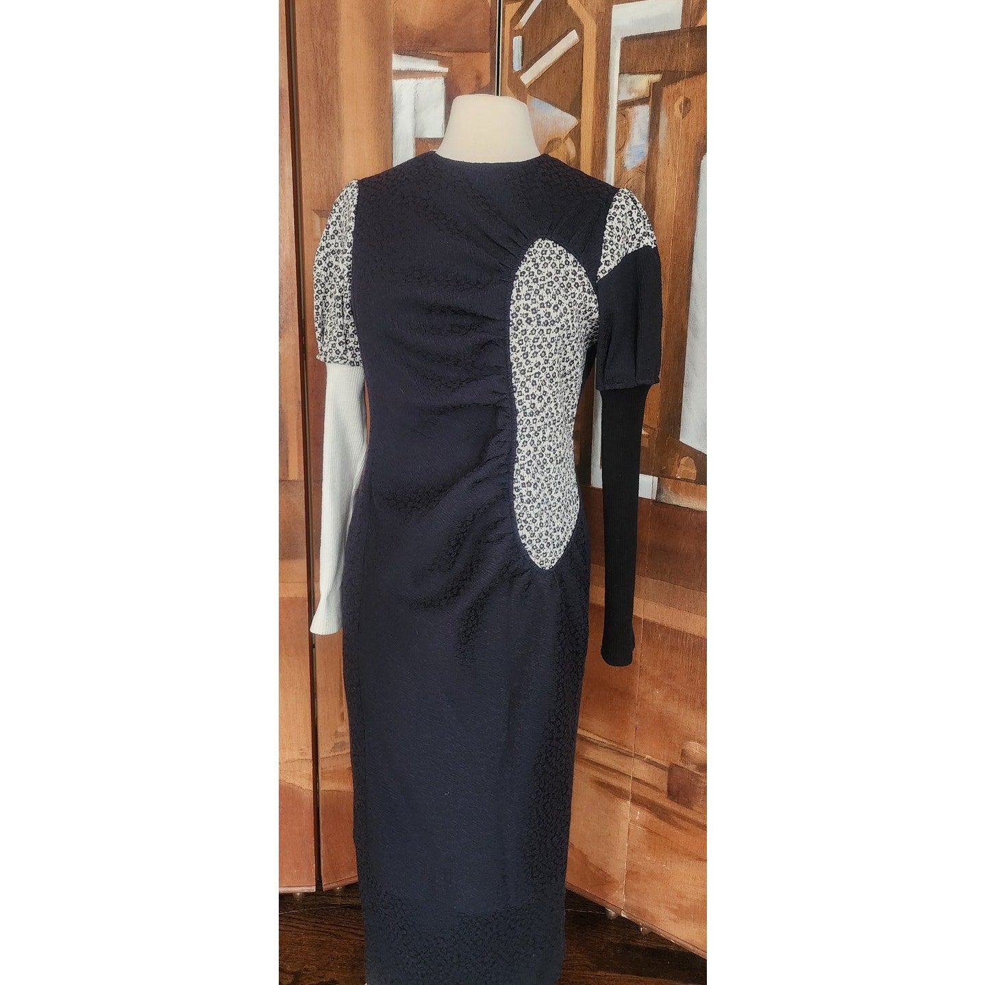 WNDERKAMMER Dress Blue Floral Jacquard Asymmetric Colorblock Sheath Avant Garde