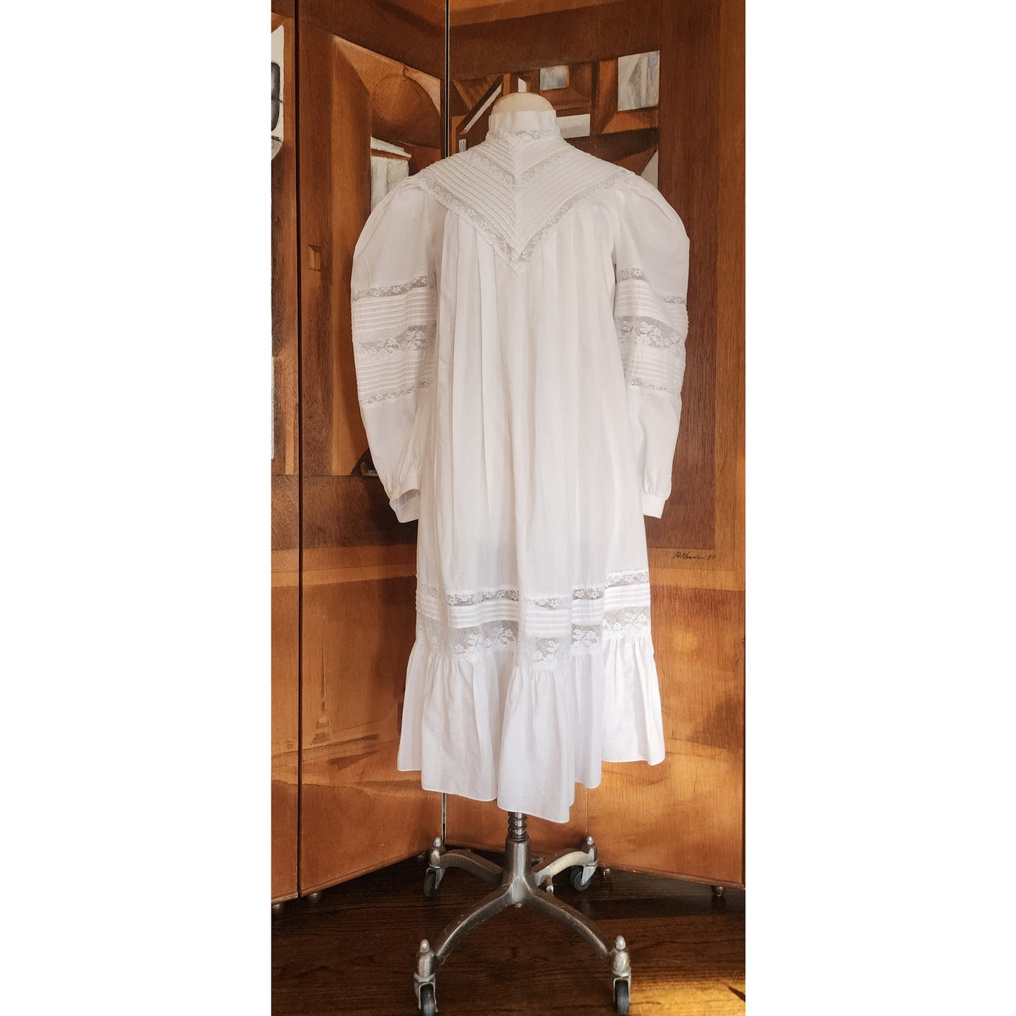 Vintage 80s Ceegee Sue Wong White Cotton Lace Dress Festival Boho Victorian Puff Sleeve