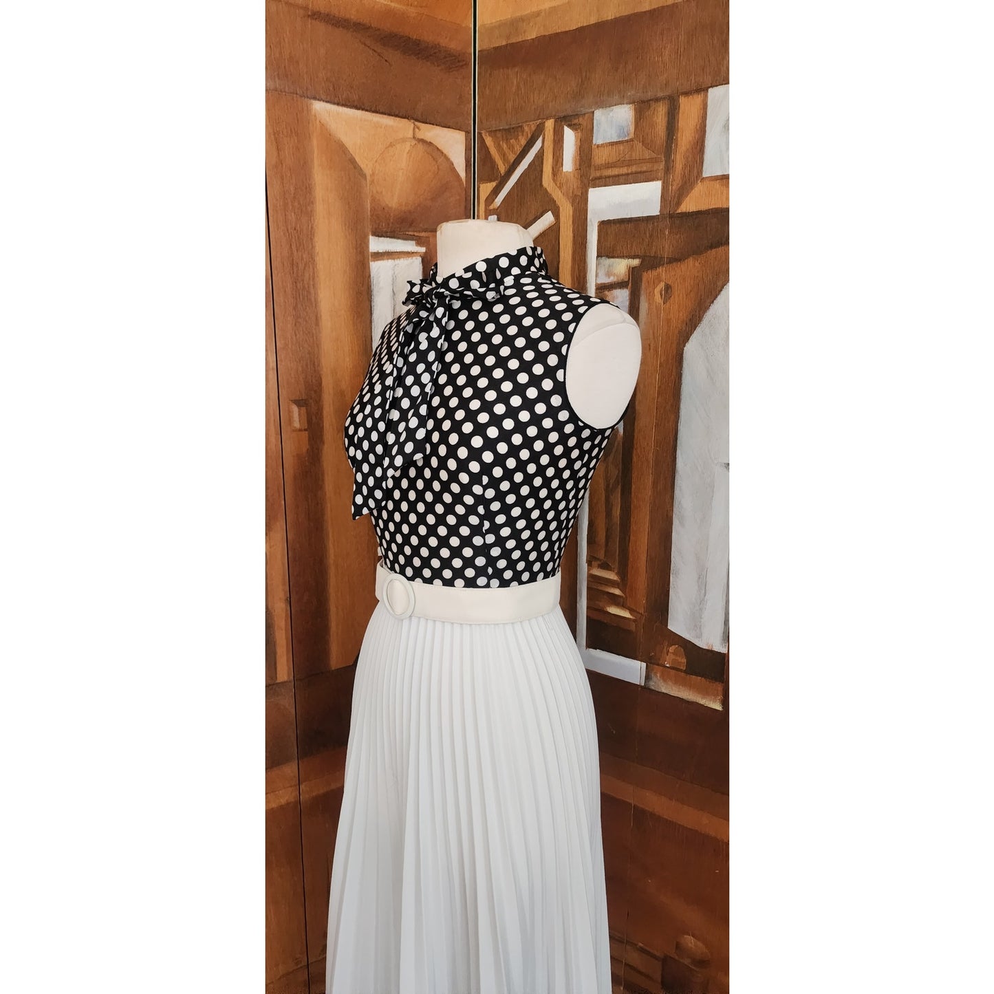 Vintage 1970s Maxi Dress Polkadot Print Pleated Skirt Black White Belted / S