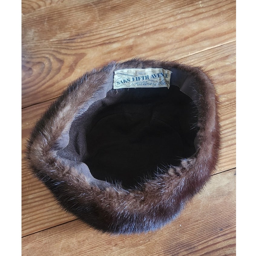 Vintage 1950s Mink Fur Hat Brown Tam Saks Fifth Avenue Rounded Crown Millinery Salon